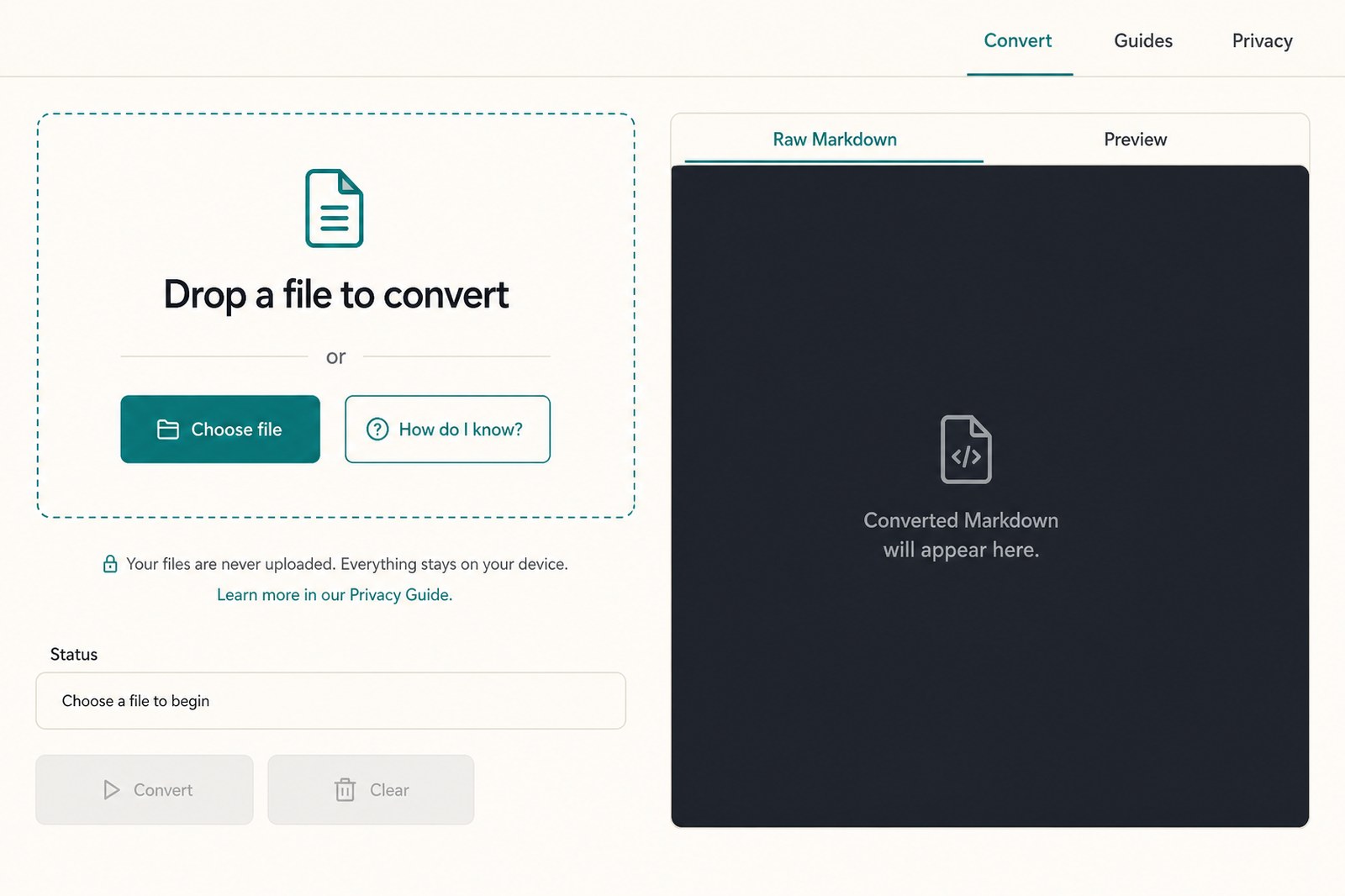 Full converter view with dropzone on the left and empty Markdown panel on the right