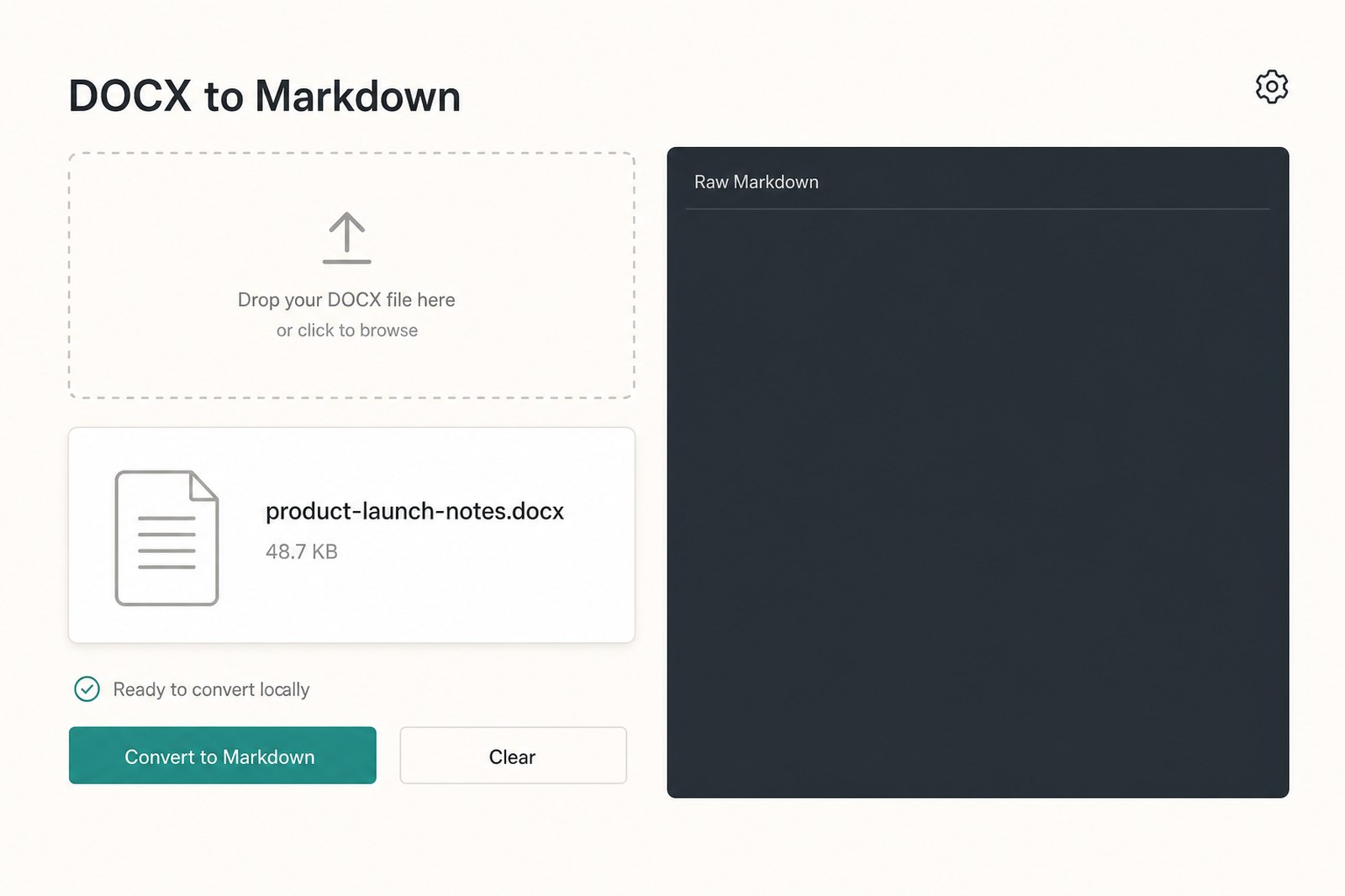 Full converter view with product-launch-notes.docx selected and Convert to Markdown ready