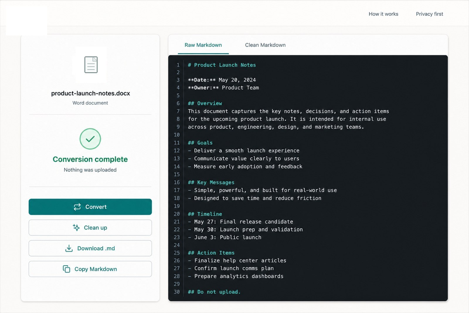 Full converter view after DOCX conversion with complete Markdown output visible on the right