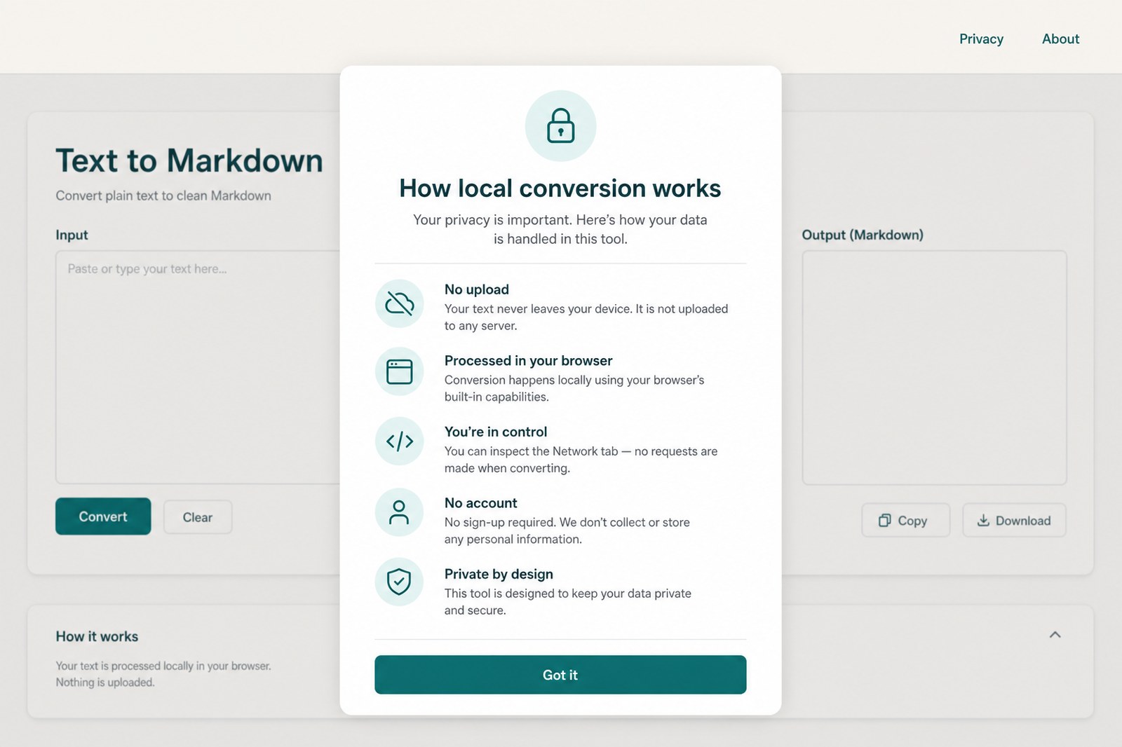 Privacy explanation showing how local conversion works without uploading the document