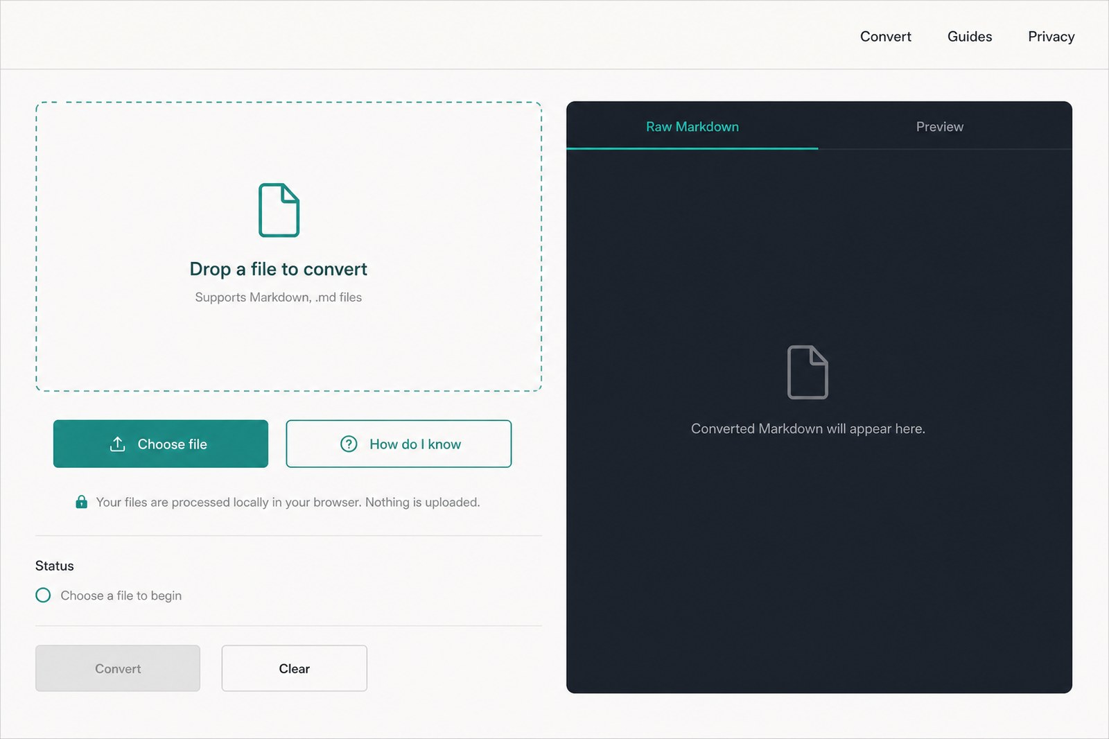 Converter dropzone and empty Markdown panel before a file is selected