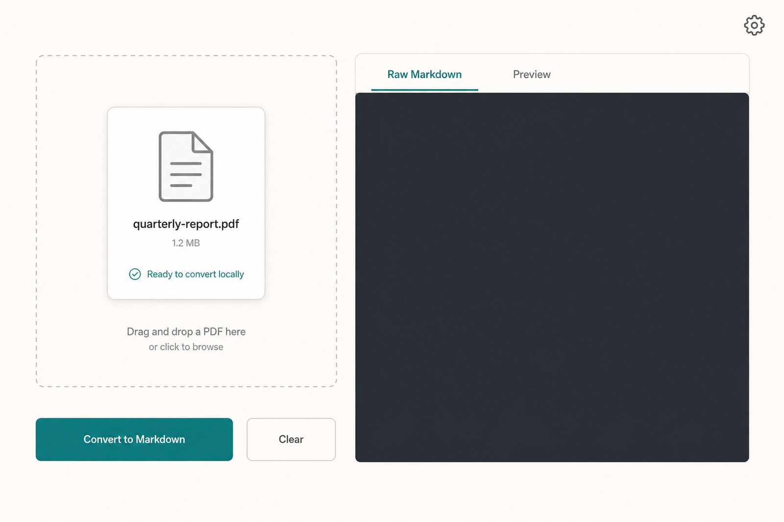 Converter showing quarterly-report.pdf selected and ready to convert locally