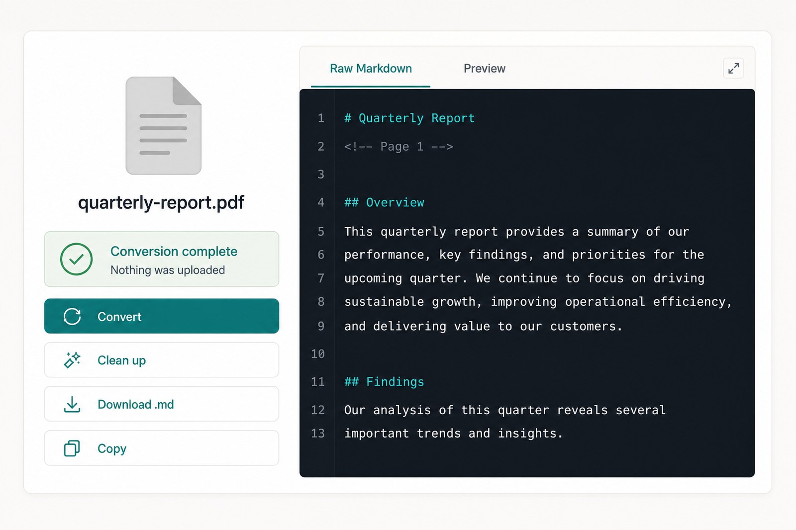 Converter after PDF conversion with Markdown output including page markers