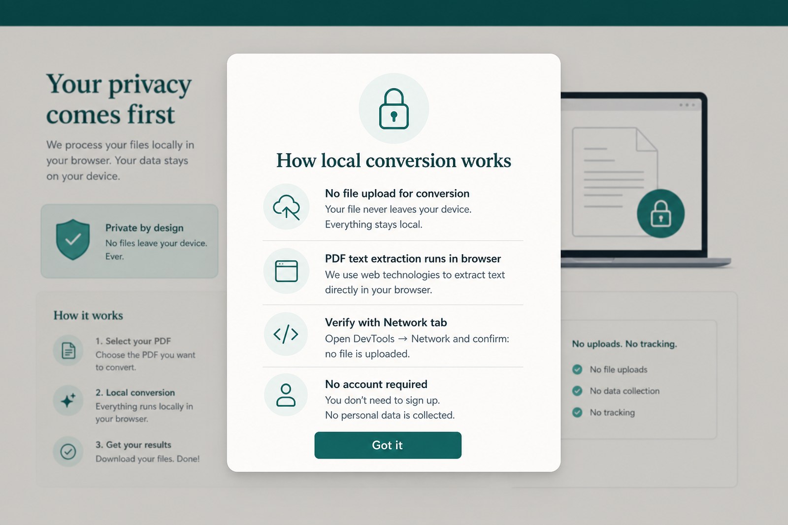 Privacy explanation showing how local PDF conversion works without uploading